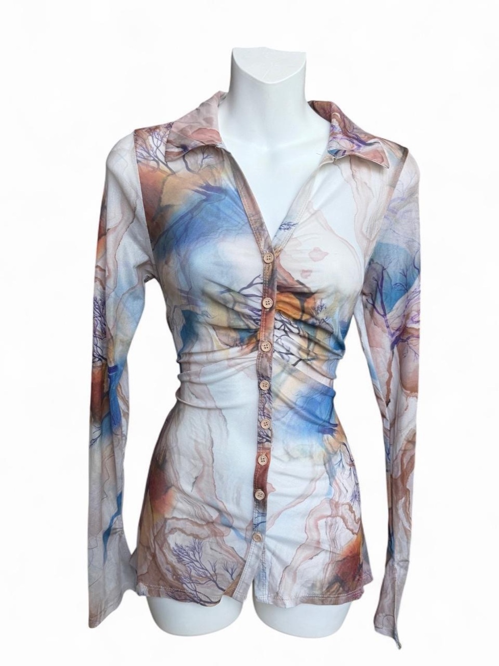 Fashion Nova Watercolor Ruched Button-Front Shirt - Blue, Tan, Cream